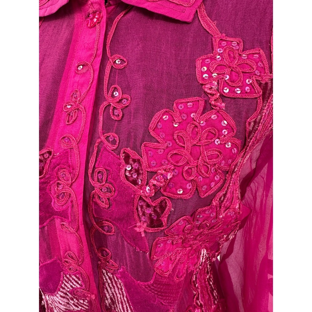 Sandy Starkman Womens Button Up Sheer Blouse Large Pink Embroidered Applique - Picture 5 of 16